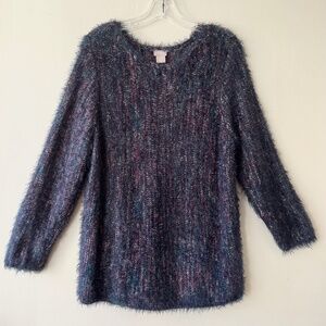 Chicos Sz L Marled Purple Eyelash Knit Boatneck Pullover Fuzzy Sweater